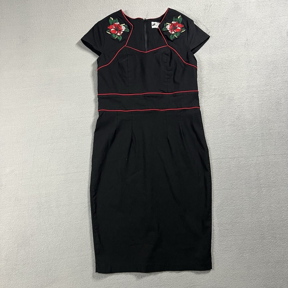 Hell Bunny Vixen Dress Womens XL Black Red Floral Wiggle Goth Pinup Embroidered